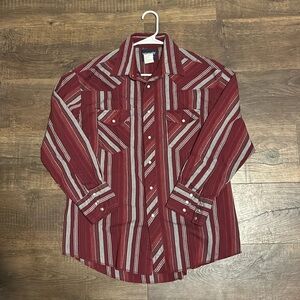 VTG Wrangler Western Shirts red & grey Stripe Pearl Snap Men's Shirt Size medium